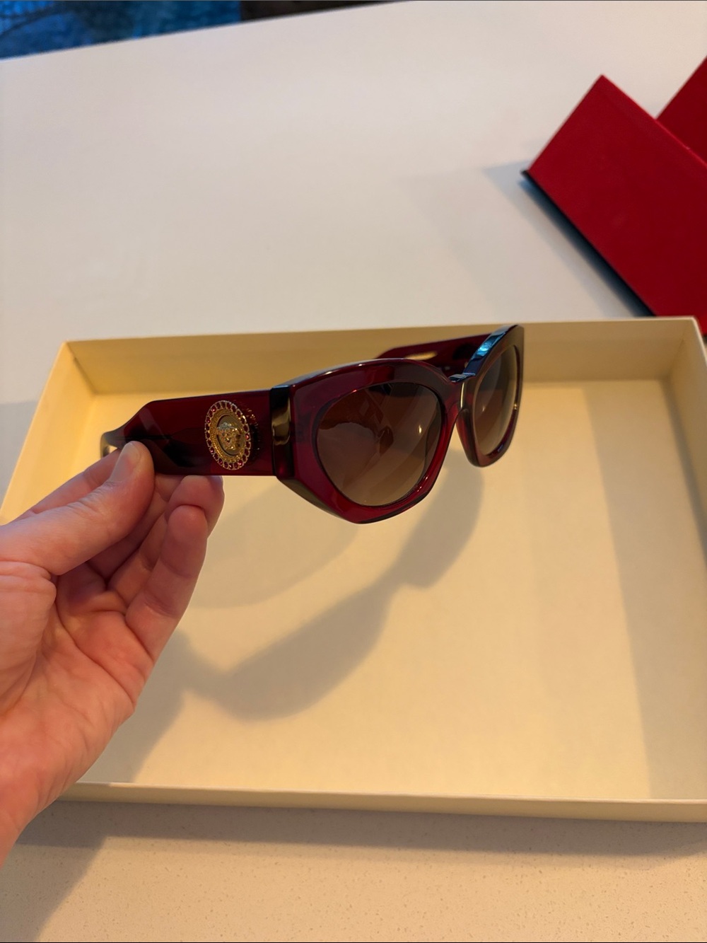 Versace Women's Deep Burgundy Sunglasses with Gold Medallion